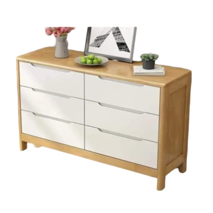 Six drawer wooden dresser with white drawer fronts and a natural wood frame