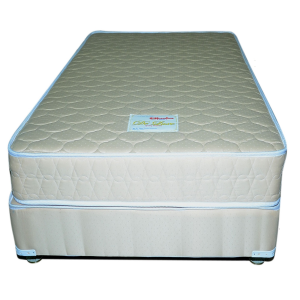 A mattress showcasing its texture and design with bed box underneath.
