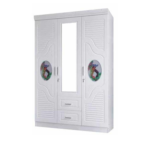 Three door wardrobe cabinets featuring drawers & a mirror, showcasing a stylish design and white finish.