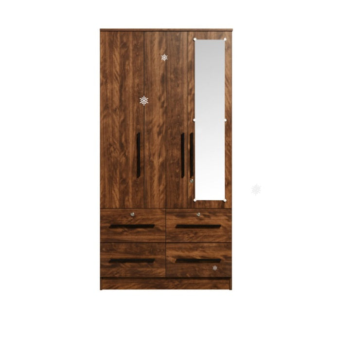A stylish wooden wardrobe with three doors and an elegant mirror for added functionality.