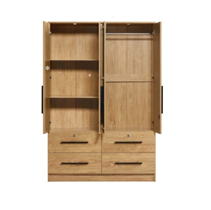 A stylish wooden wardrobe with four doors and an elegant mirror for added functionality.