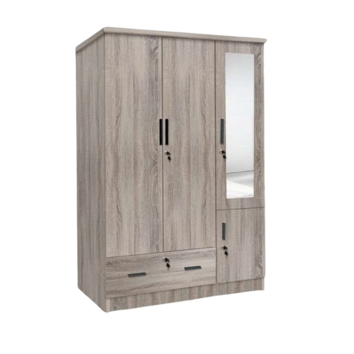 A wooden cabinet with four doors and one large drawer, highlighting its elegant craftsmanship and functional storage