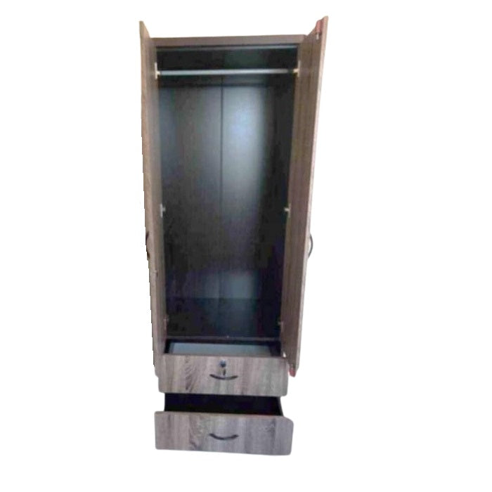 Modern two-door wooden wardrobe with hanging rod and two bottom drawers.