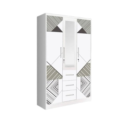 A stylish wardrobe in white and beige, equipped with two doors, perfect for organizing clothing and accessories.