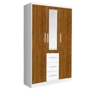 A stylish wardrobe with three doors, combining brown and white colors for a contemporary look in home furnishings.