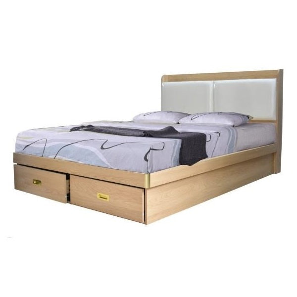 A stylish bed featuring built-in drawers and an elegant headboard, perfect for maximizing space and comfort.