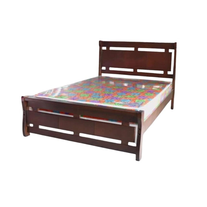 A sturdy bed frame made of wood, complete with a classic headboard and footboard, enhancing bedroom aesthetics.