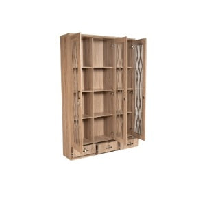 Elegant wooden cabinet with glass doors and drawers, perfect for displaying items while providing functional storage.