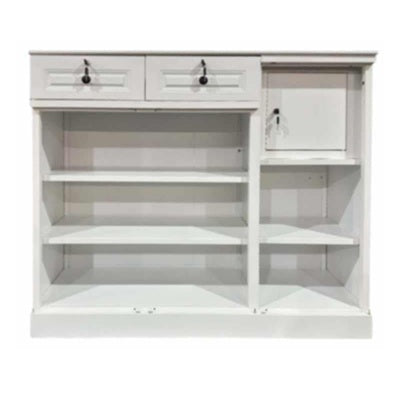 A wooden sideboard equipped with two drawers and a cabinet, blending elegance and practicality in home decor.