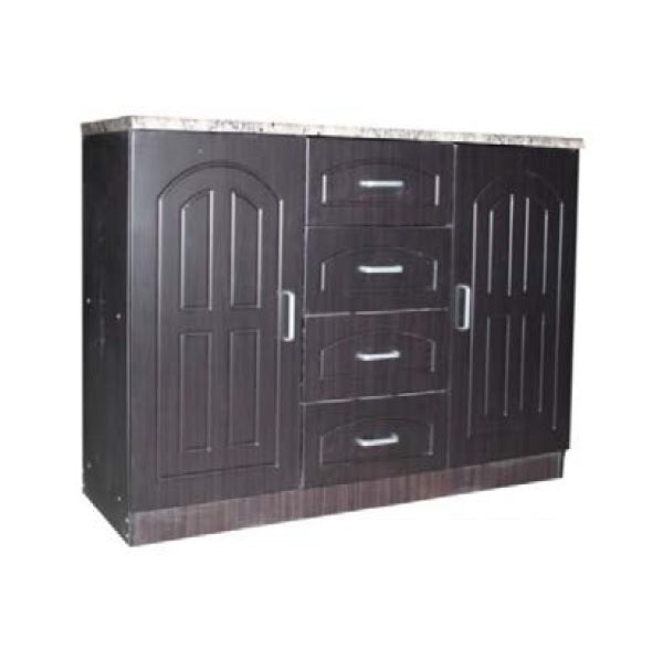 A sleek black cabinet featuring a polished marble top, showcasing a modern and elegant design.