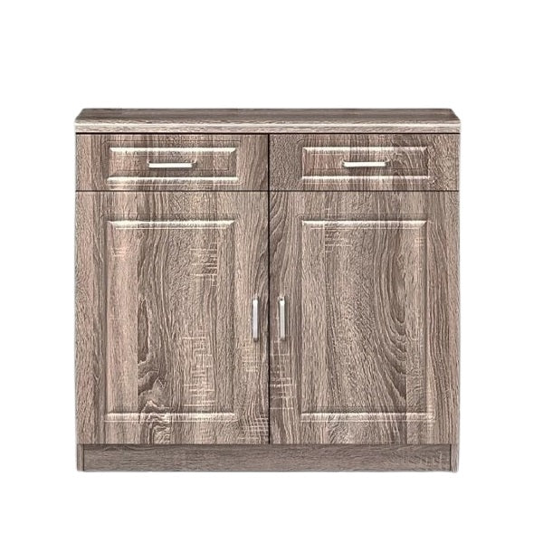 A sideboard featuring two doors and multiple drawers, elegantly designed for storage and display purposes.