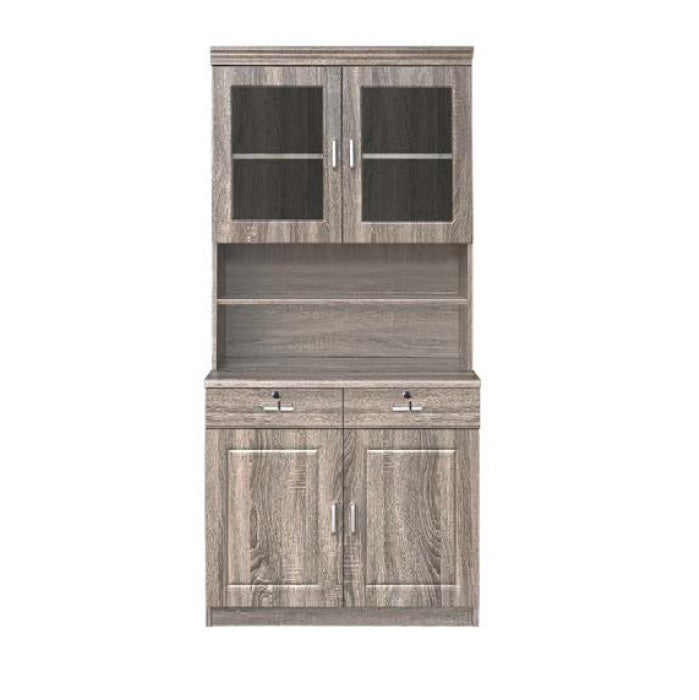 A wooden cabinet featuring glass doors and drawers, showcasing a blend of elegance and functionality in storage design.