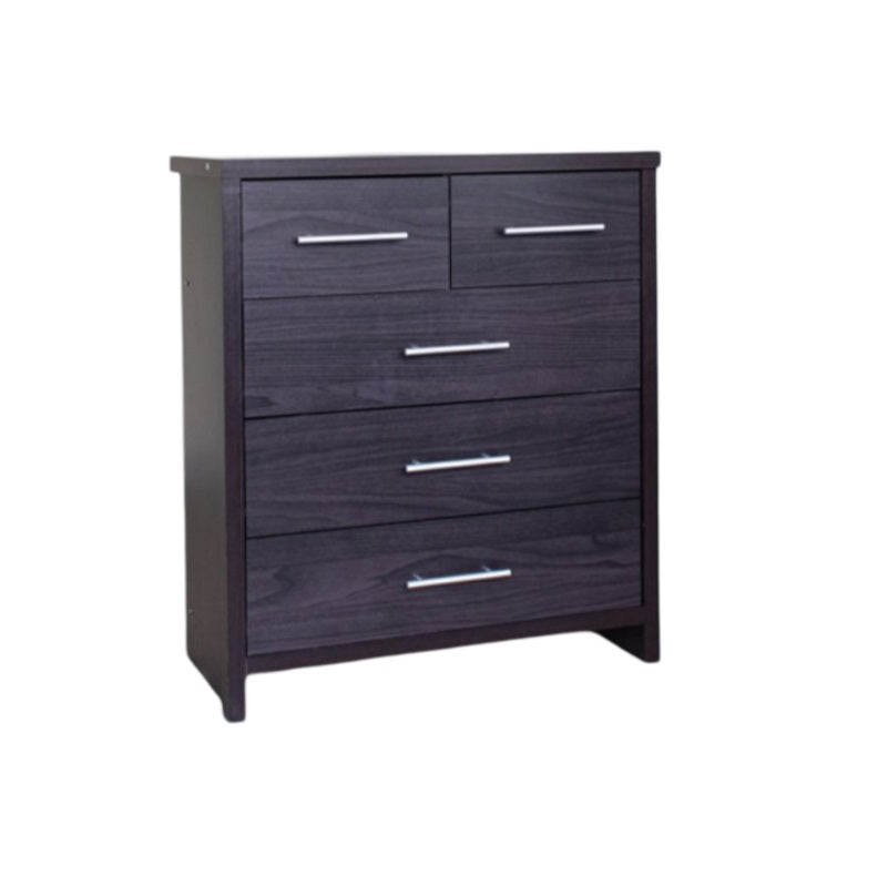 A contemporary dark brown dresser with five drawers, offering ample storage in a chic design.