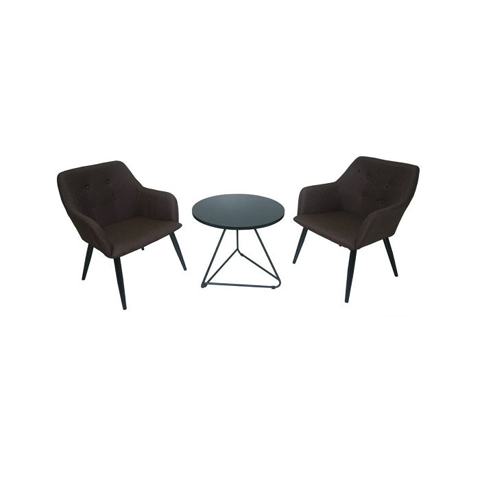 A minimalist setup featuring a black table flanked by two chairs, ideal for dining or casual meetings.