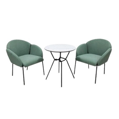A green chair paired with a black metal-framed table, showcasing a vibrant and elegant design.