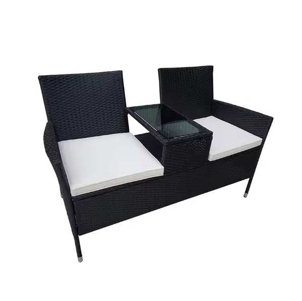 Outdoor rattan sofa set featuring plush cushions, perfect for relaxing in a garden or patio setting.
