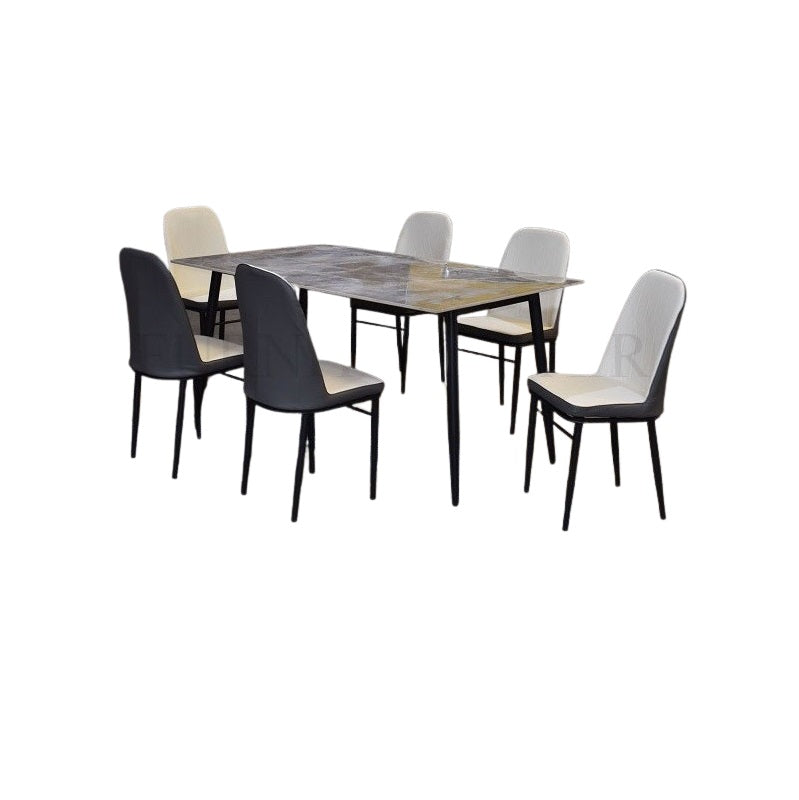 Bela Dining Set | 4 & 6 Seater Rectangular Marble Finish Table Top with Metal Frame & Upholstered Chairs