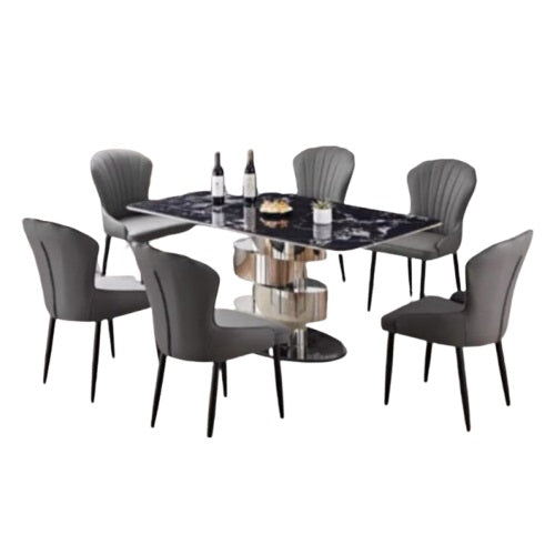A stylish black dining set with six chairs, showcasing a contemporary and minimalist design
