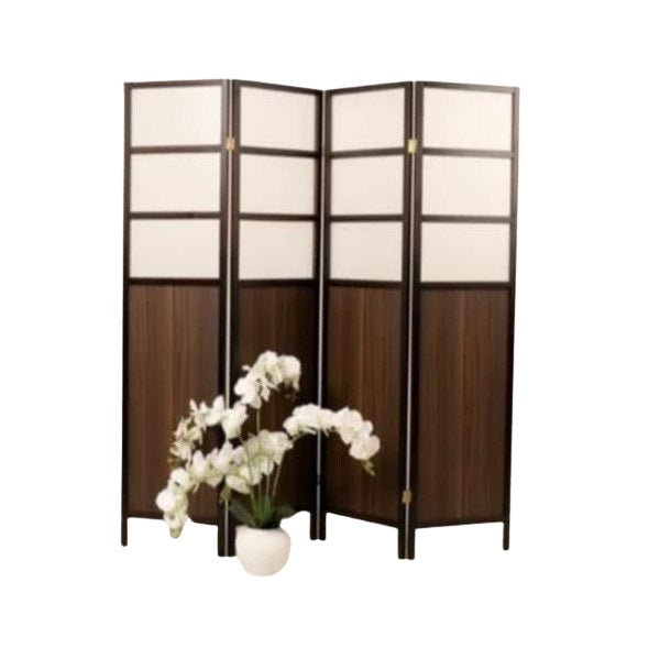 A bamboo screen serves as an elegant room divider, providing a natural touch and separation in the living area.
