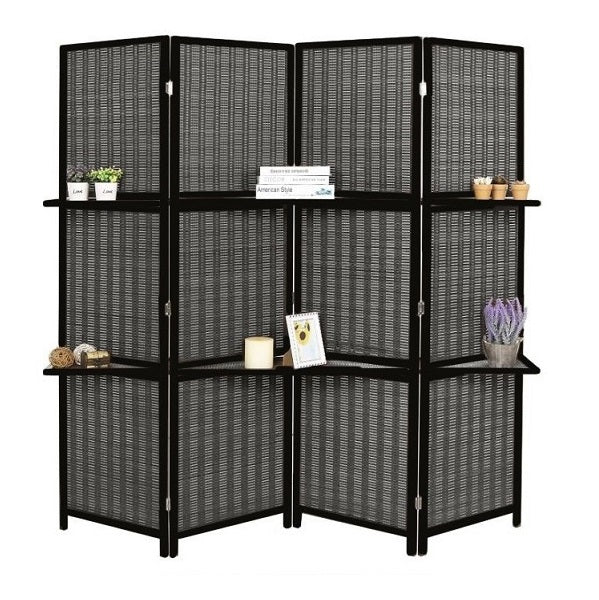 A stylish room divider with four panels and built-in shelves, enhancing privacy while offering functional storage space.