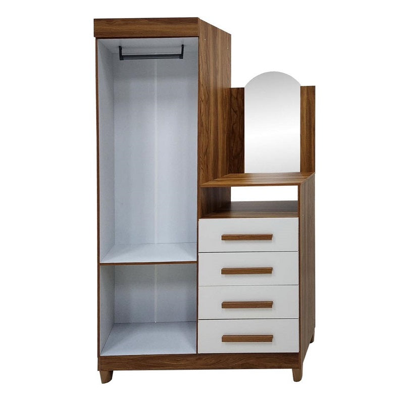 A stylish wardrobe in white and brown, complete with a mirror, perfect for enhancing any bedroom décor.