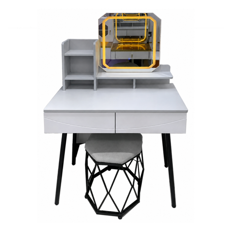 Fairymoss 97cm Dresser with LED Mirror & Stool | 2 Drawers with Open Storage