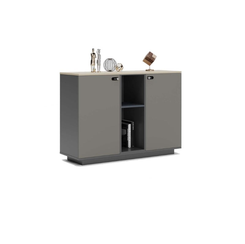A gray file cabinet showcasing modern design elements perfect for organizing office essentials.