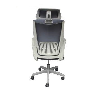 Grey fabric executive chair with armrests and headrest, designed for comfort and style in an office setting.