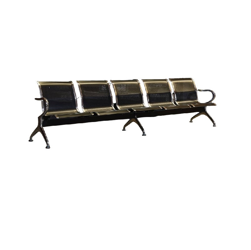 Five seater gang chair featuring sleek black seats arranged in a row.