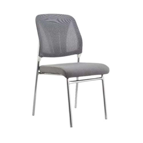 A white chair featuring a sturdy metal frame and a comfortable gray seat, ideal for modern interiors.