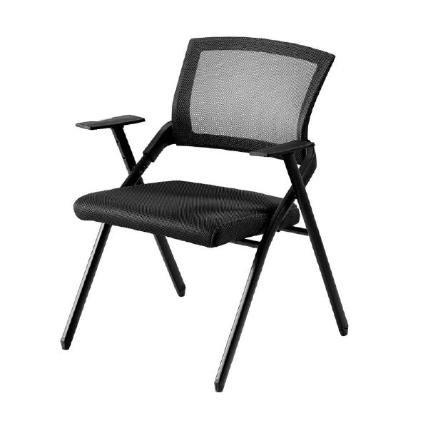 Compact foldable visitor chair with supportive armrests, suitable for temporary seating arrangements.
