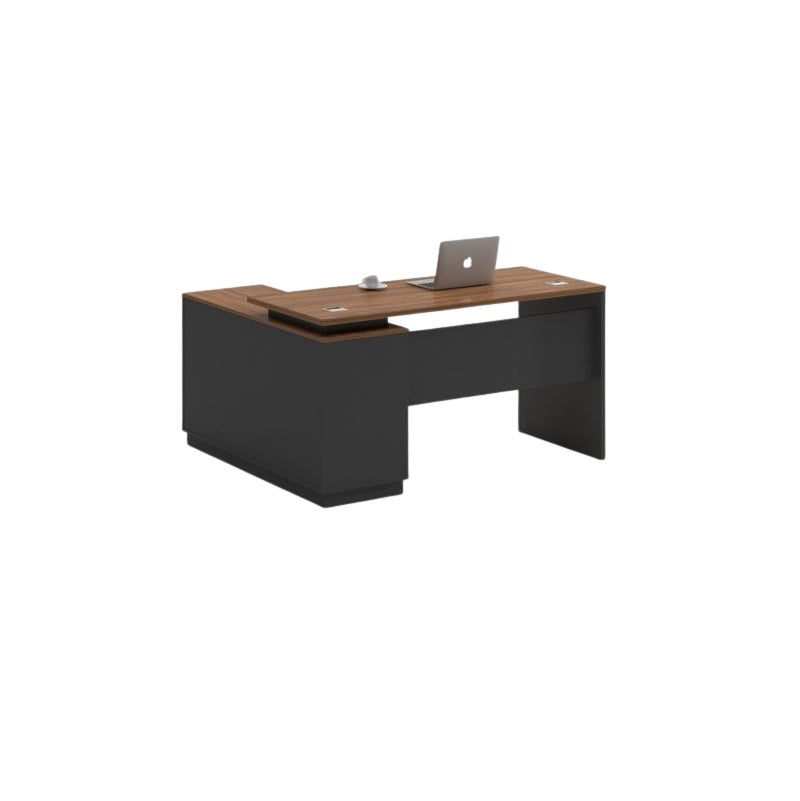 An office desk featuring a sleek black and brown wooden top, showcasing a modern and professional design.