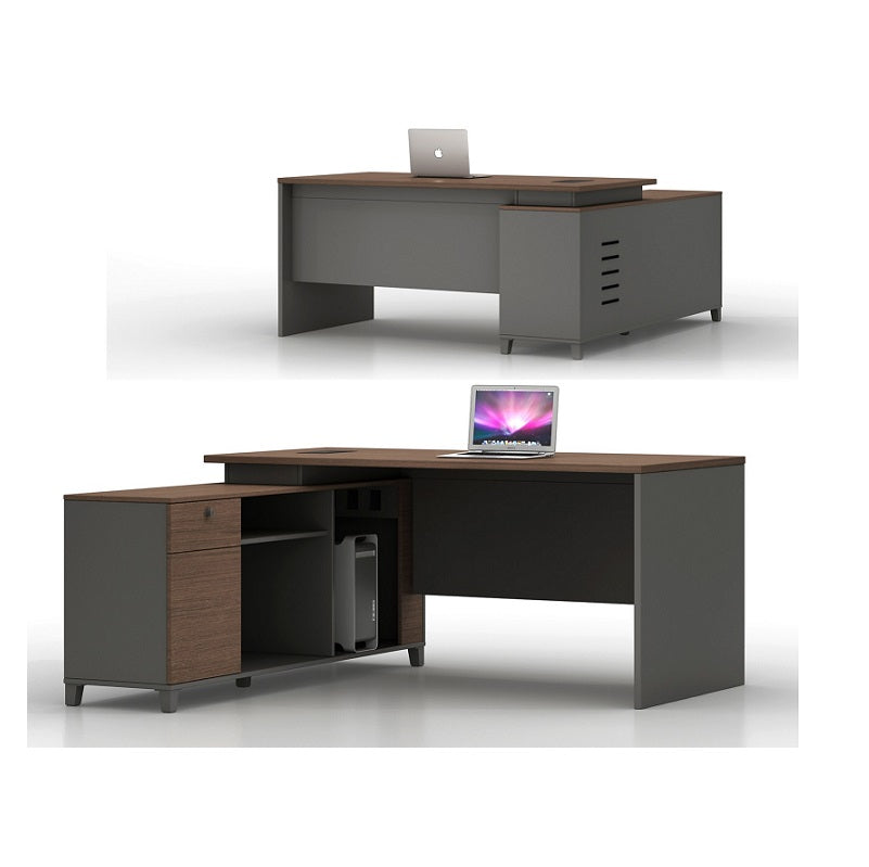 An office desk featuring a sleek black and brown wooden top, showcasing a modern and professional design.