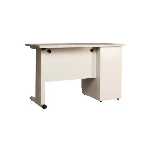 A sleek white desk with functional drawers and an additional center drawer, ideal for an organized office environment