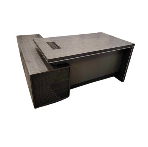 A stylish desk with a natural wood surface and contemporary gray legs, perfect for any workspace.