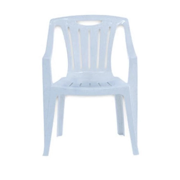 A plastic chair with armrests and a back, ideal for both indoor and outdoor use.
