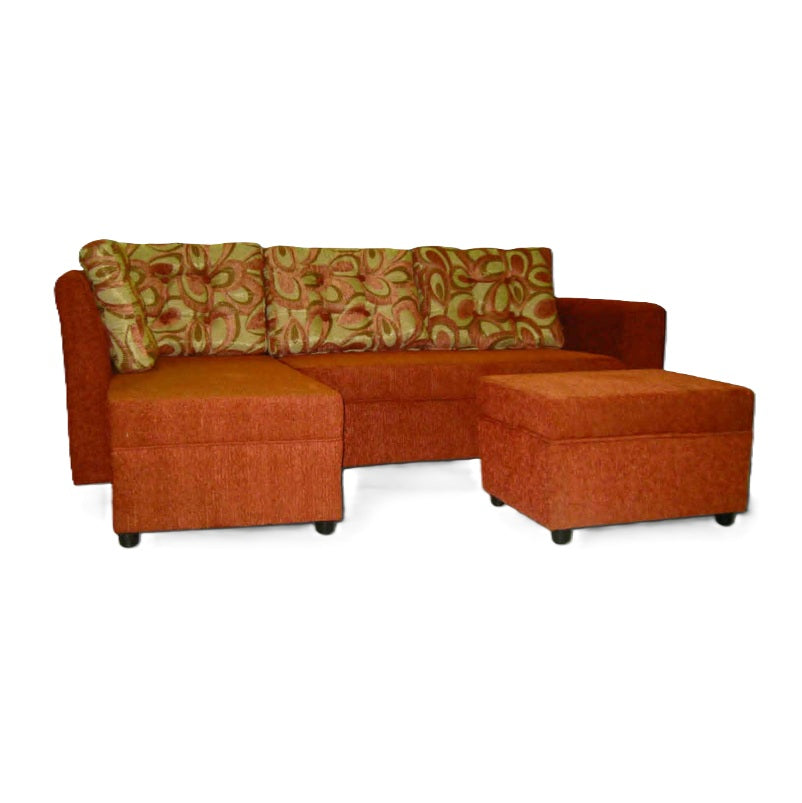 Crossandra L-Type Sofa | Fabric Upholstered with Cushions & Stool