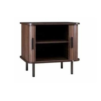 Stylish wooden side table with two doors, combining functionality and aesthetic appeal in a compact design.