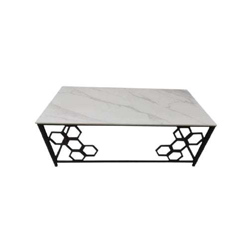 A stylish marble coffee table featuring a unique hexagonal design, enhancing the elegance of any living space.