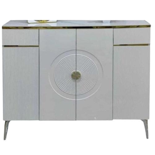 A stylish white sideboard featuring a sleek gold metal frame, adding elegance to any interior space.