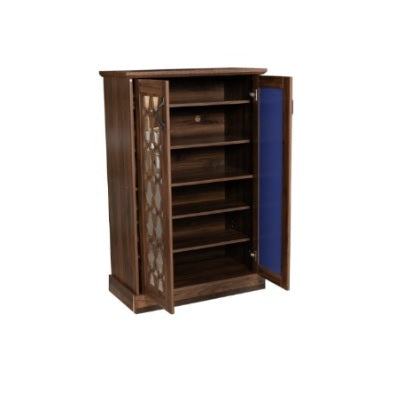 Elegant wooden cabinet with glass doors and drawers, perfect for displaying items while providing functional storage.