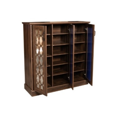 Elegant wooden cabinet with glass doors and drawers, perfect for displaying items while providing functional storage.