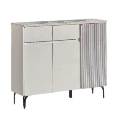 A wooden cabinet featuring three doors and two drawers, showcasing a classic design and natural finish.