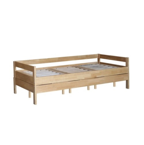 A wooden bed frame accompanied by a comfortable mattress and tidily arranged bedding, fostering a warm and welcoming bedroom ambiance.