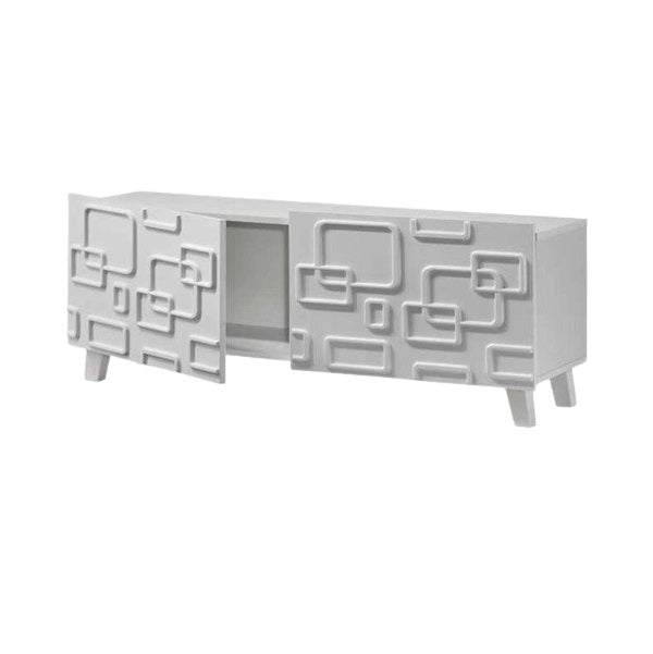 A white tv cabinet featuring a modern geometric design, showcasing clean lines and a contemporary aesthetic.