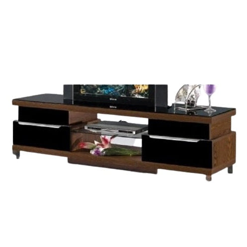 A wooden entertainment center displaying a television on its surface, combining elegance with modern entertainment needs.