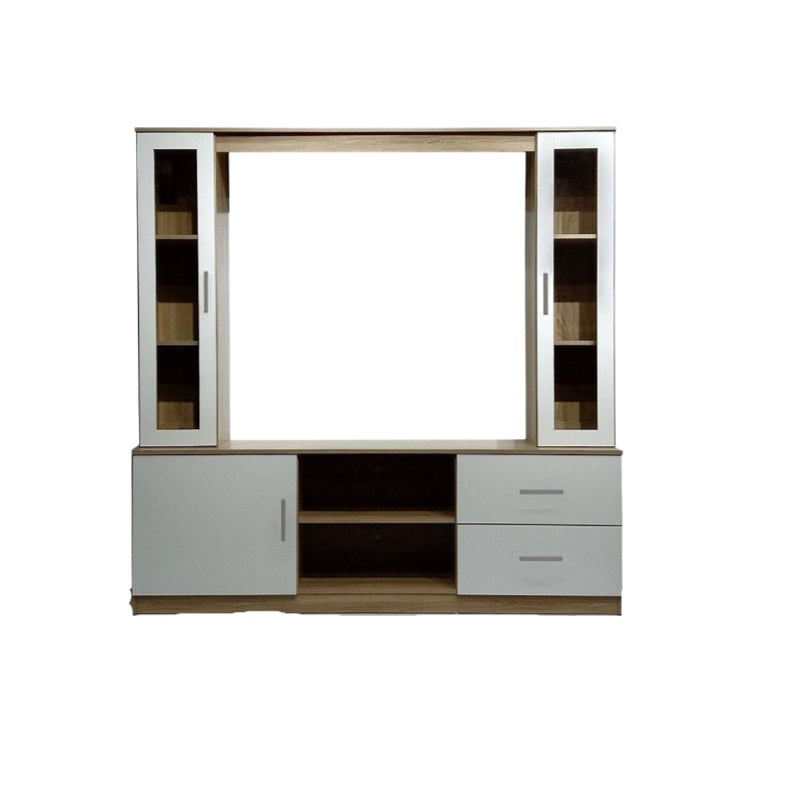 Modern white entertainment center with two doors, perfect for organizing media and enhancing room aesthetics.