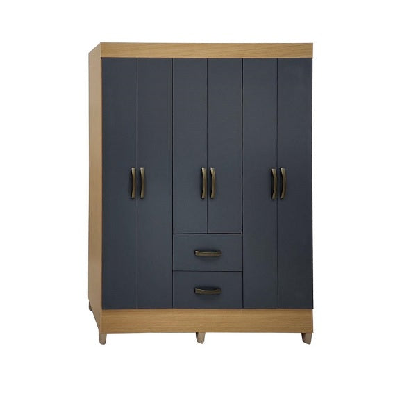 A stylish wardrobe with six doors, combining modern and natural design elements.