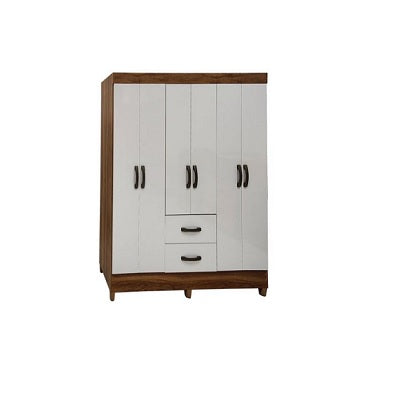 A stylish wardrobe with six doors, combining modern and natural design elements.