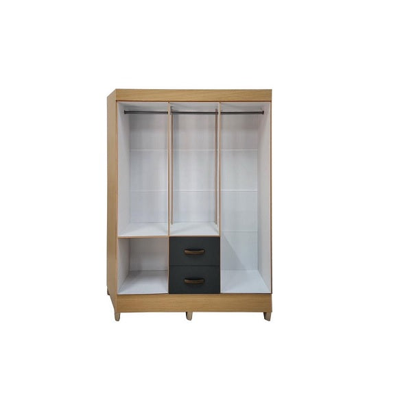 A stylish wardrobe with six doors, combining modern and natural design elements.